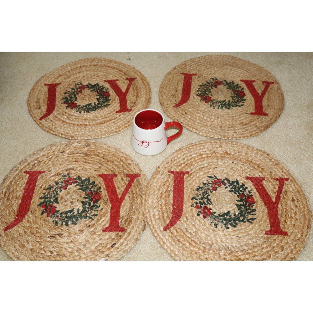 Christmas Holiday Farmhouse Joy Jute Placemats & Mug Set Red White Rustic Decor